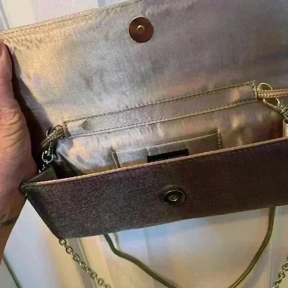 Kate Landry evening bag metallic grayish fabric, pearl and rhinestone accent ￼ - Picture 5 of 9